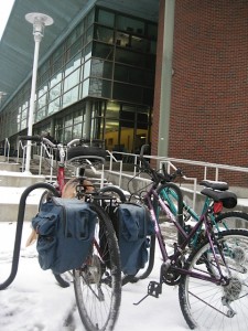 A bike rack outside UofL's Ekstrom Library